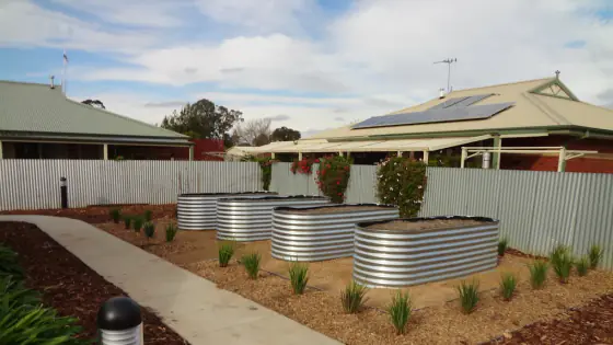 Raised metal garden beds and mulched planting along a concrete path